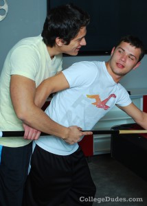 Straight guy Leo Serra fucks blowjob Kyle Short dorm pool table College Dudes 01 photo 214x300 - Straight guy Leo Serra pots more than a ball in the dorm with Kyle Short at College Dudes
